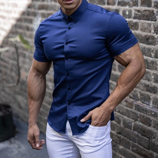 LeoFit men's stretch short sleeve muscle fit t-shirt, a fitted athletic top for modern casual men's fashion.