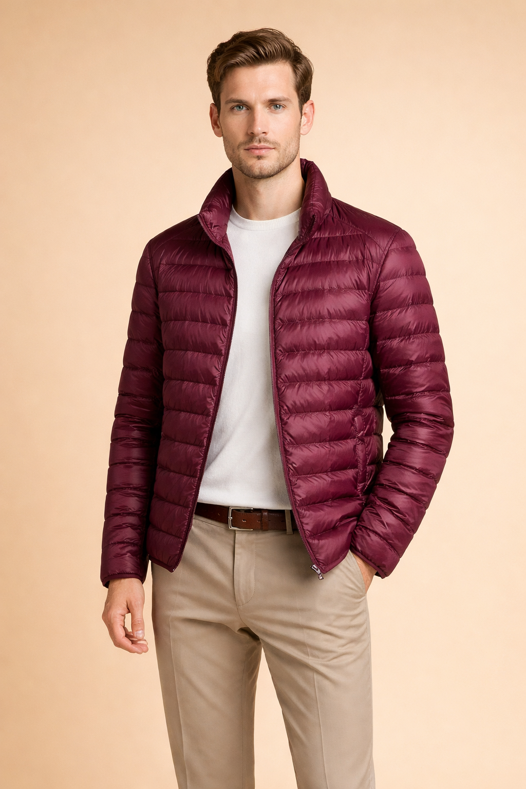Men's lightweight quilted zip jacket with a stand collar, perfect for fall casual wear.
