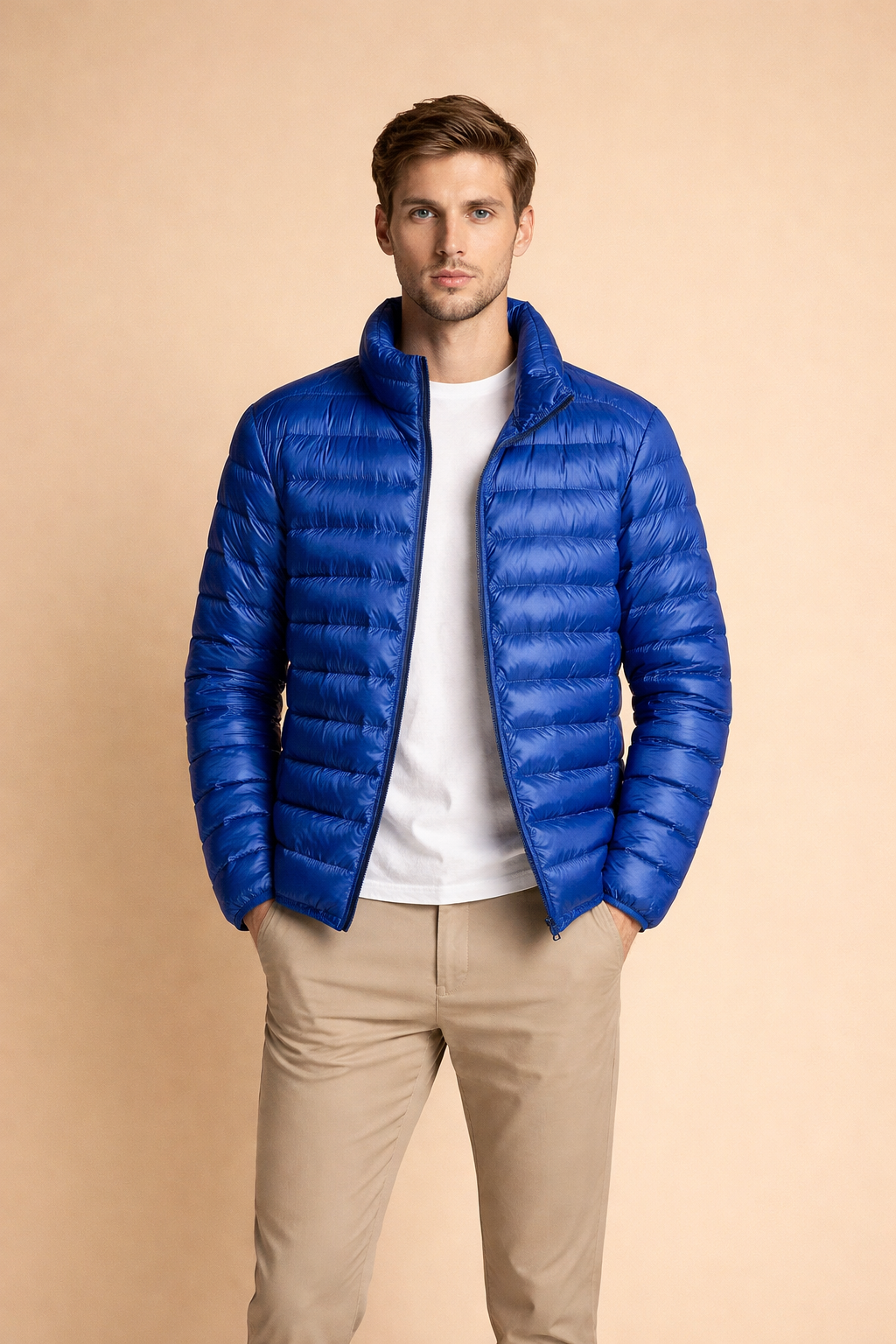 Casual men's fall jacket, a lightweight quilted design with a convenient zip and stand collar.