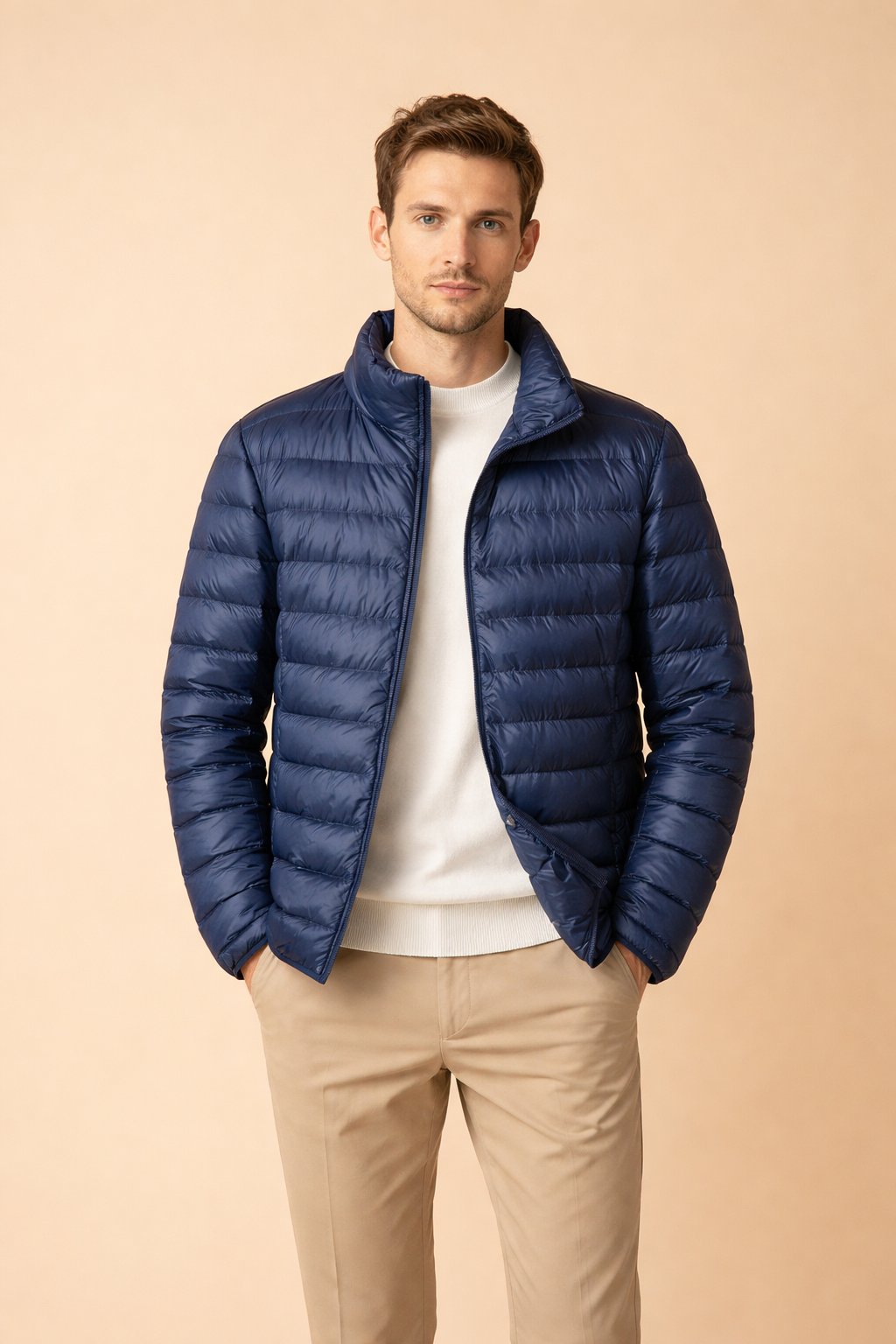 Modern men's lightweight quilted zip jacket, suitable for fall and mild winter outerwear.