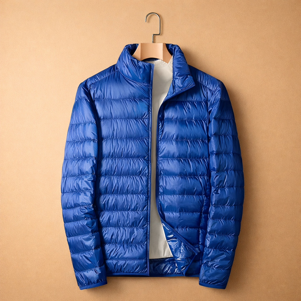 Travel-friendly men's lightweight quilted jacket, featuring a secure zip and stand-up collar.