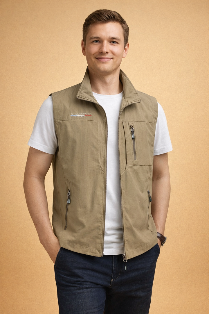 Breathable men's multi-pocket utility vest, lightweight and practical for travel, hiking, and outdoor activities.