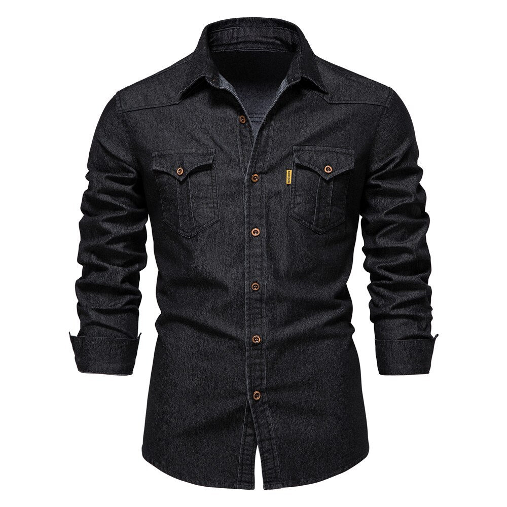 Men's Logan stretch cotton denim button-up shirt. Casual, long sleeve & comfortable.