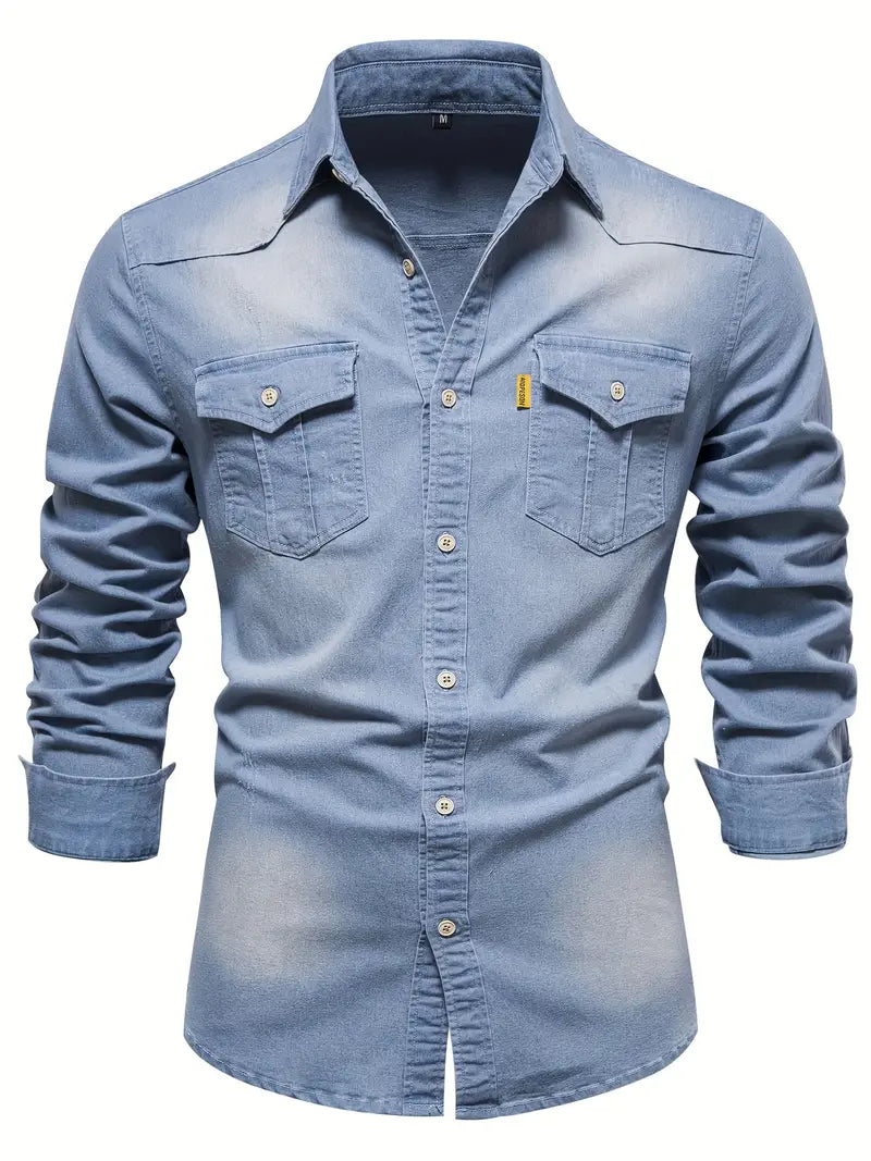 Comfortable Men's Logan stretch cotton denim button-up shirt. Perfect for casual wear.