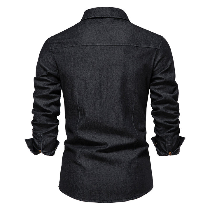 Logan Men's everyday stretch cotton denim shirt. Classic button-up, comfortable & stylish.