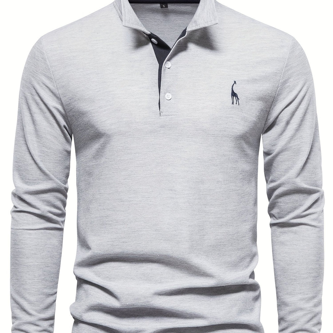 Textured fabric of a comfortable men's long sleeve polo, a stylish top for fall.