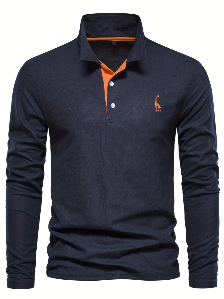 Navy men's long sleeve polo, an essential versatile shirt for fall fashion & everyday style.