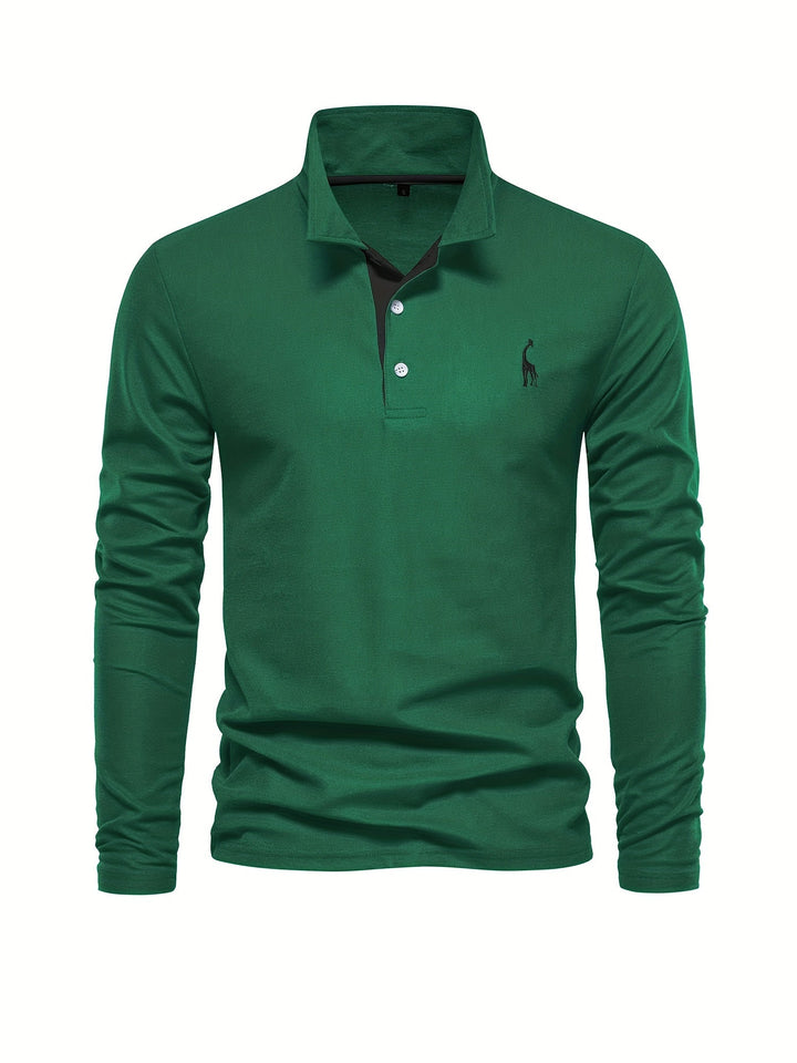 Black stylish men's long sleeve polo, perfect for versatile layering & men's apparel.