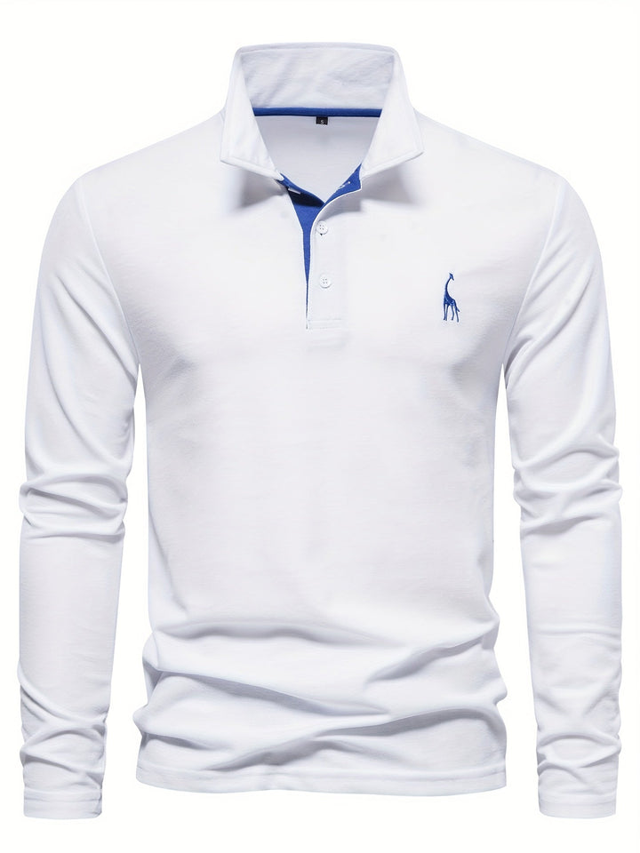 Back view of men's long sleeve polo, showcasing clean lines & comfortable design.