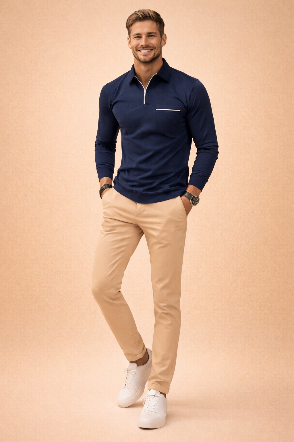 Men's long sleeve quarter zip polo shirt, perfect for elevating smart casual and everyday men's fashion.