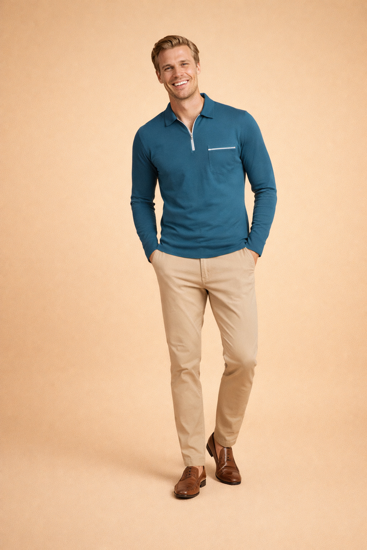 Modern men's zip polo, long sleeve, ideal for versatile smart casual style and mens apparel everyday wear.