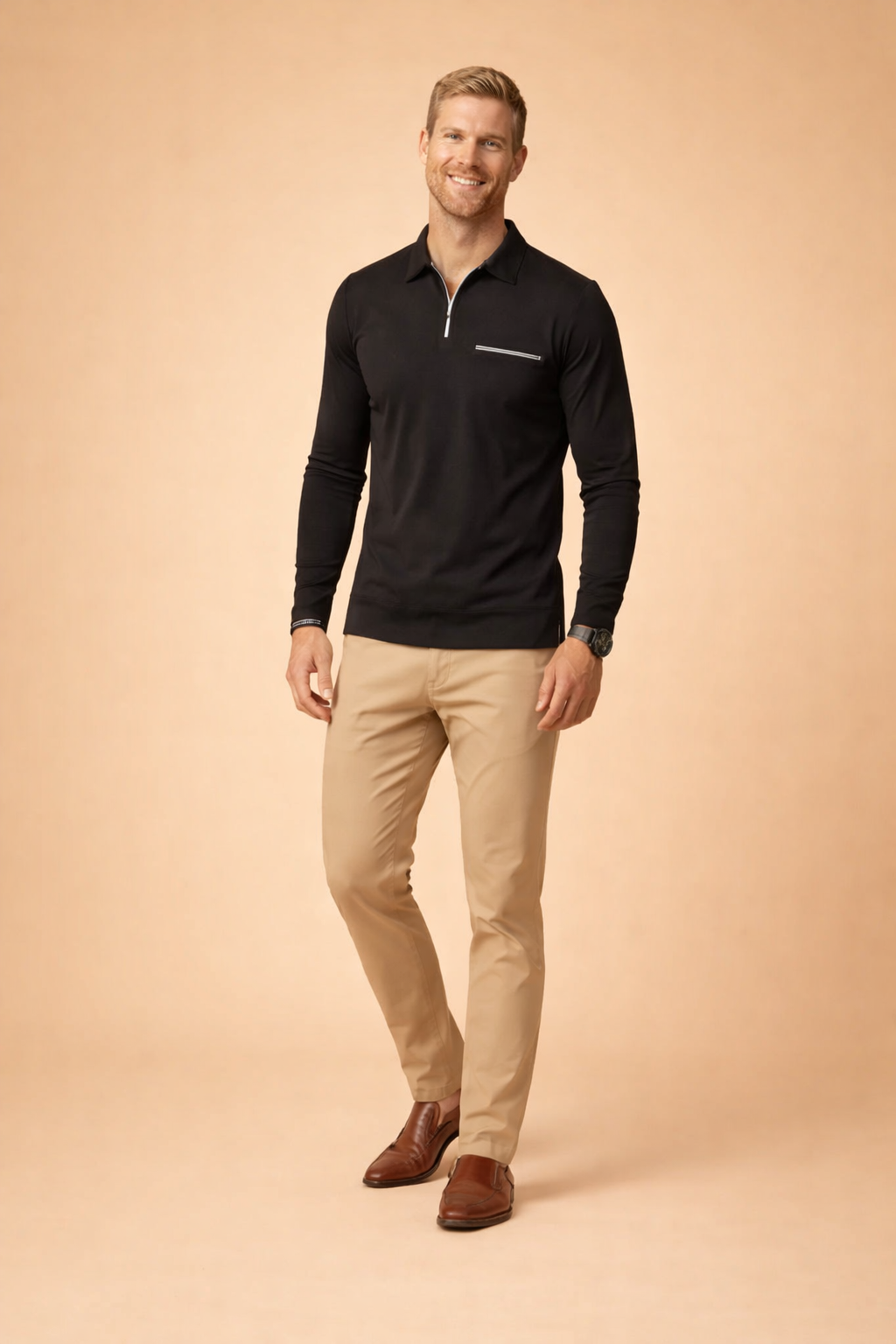 Stylish men's quarter zip polo shirt, long sleeve, enhancing smart casual looks and modern mens fashion.