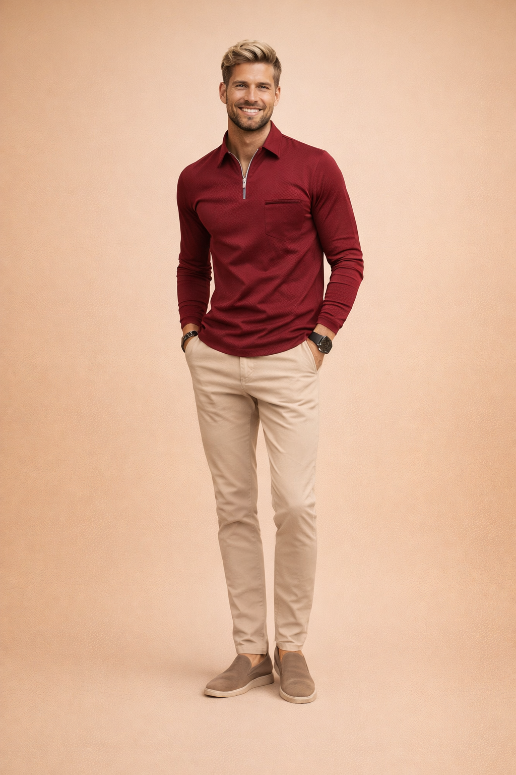 Versatile men's long sleeve zip polo, a smart casual staple for modern everyday wear and mens apparel.