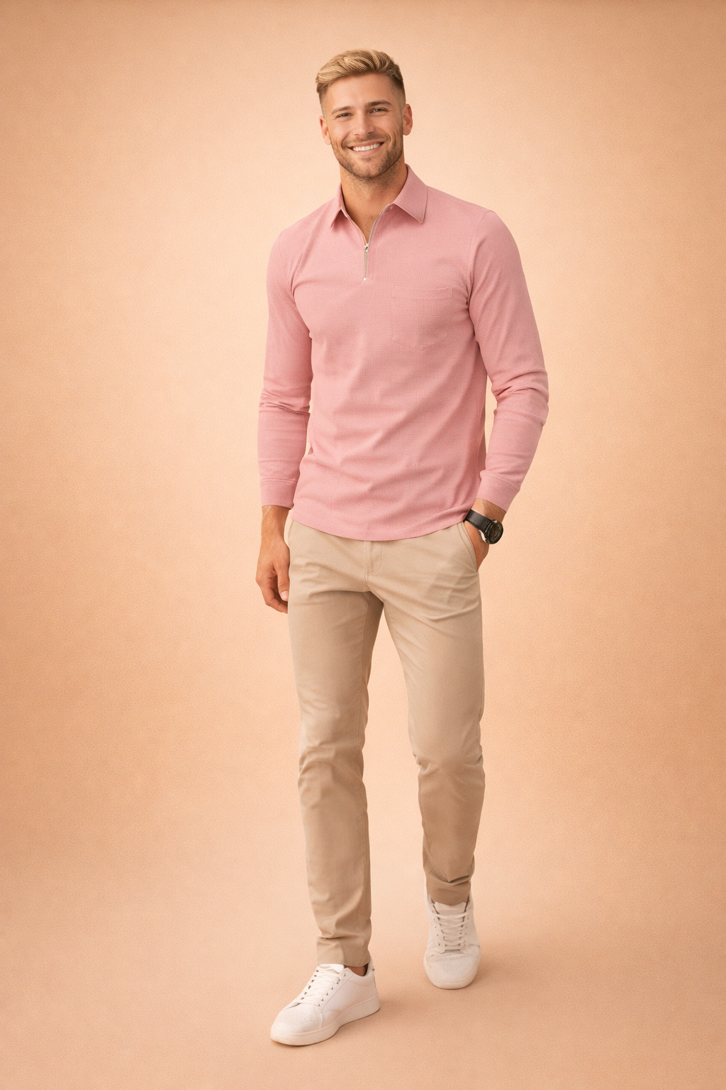 Elevate your smart casual style with this men's long sleeve quarter zip polo shirt, a modern fashion essential.