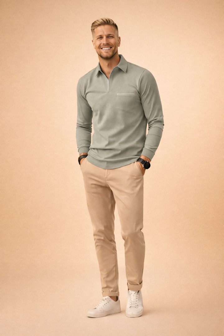 Men's apparel: a comfortable long sleeve zip polo, perfect for versatile smart casual and modern everyday fashion.