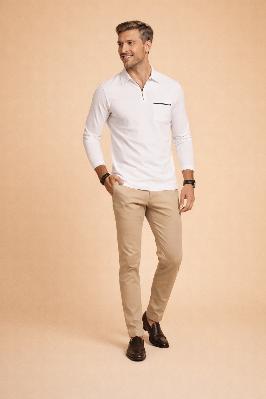 Sleek men's long sleeve quarter zip polo for smart casual occasions, combining comfort with modern mens fashion.