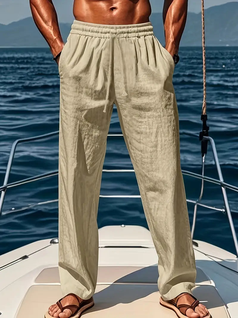 Comfortable men's loose fit pants, ideal lightweight travel trousers for summer holidays & casual fashion.