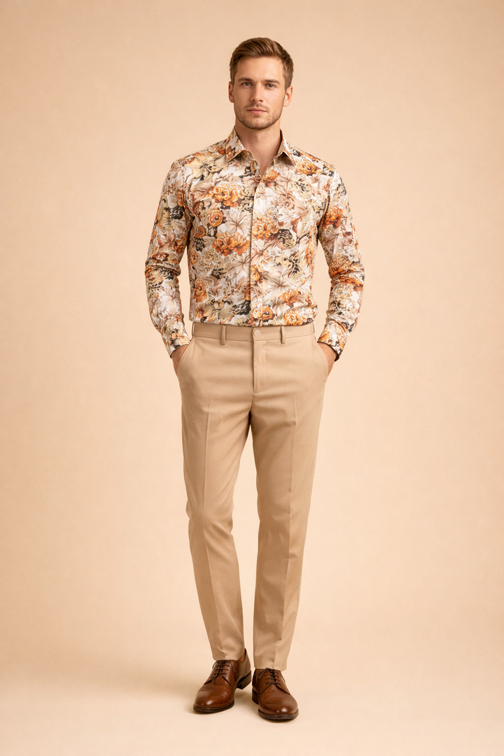 Men's modern floral print long sleeve button-up shirt, perfect for casual and stylish men's fashion.