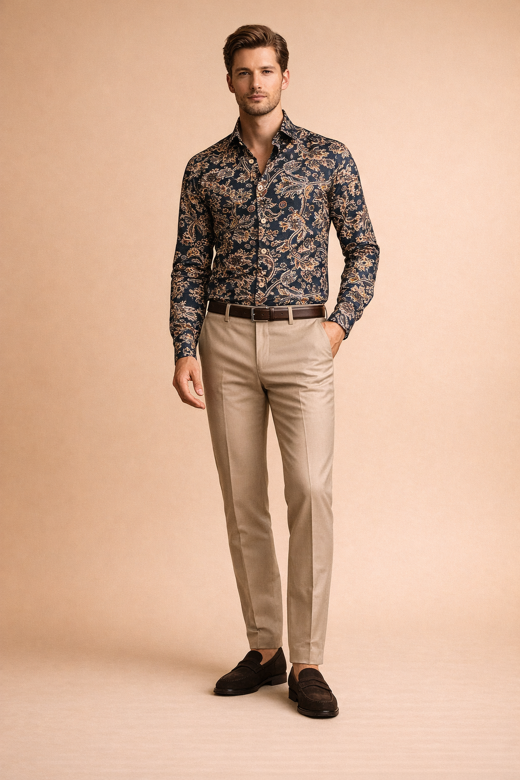 Close-up of the vibrant modern floral pattern on a men's versatile button-up shirt fabric.