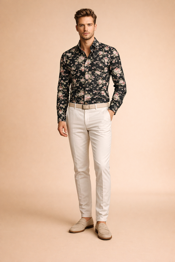 Stylish man wearing a long sleeve modern floral casual button-up shirt, showcasing men's apparel.