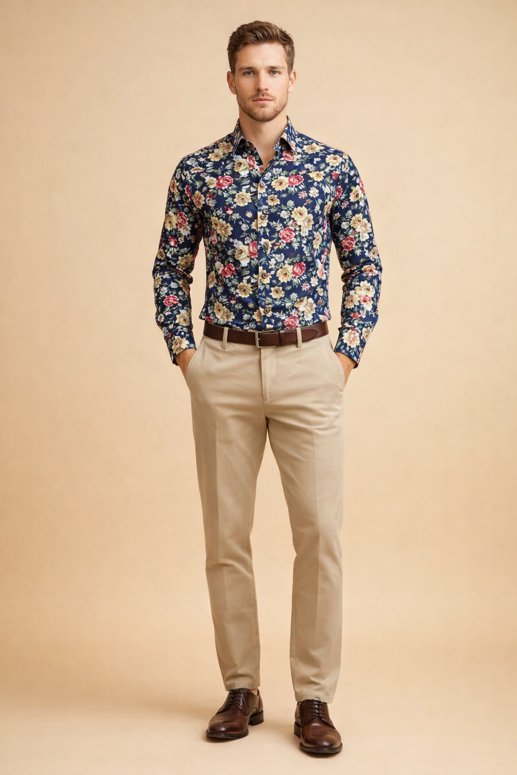 Front view of a men's modern floral button-up shirt, highlighting the unique print and design.