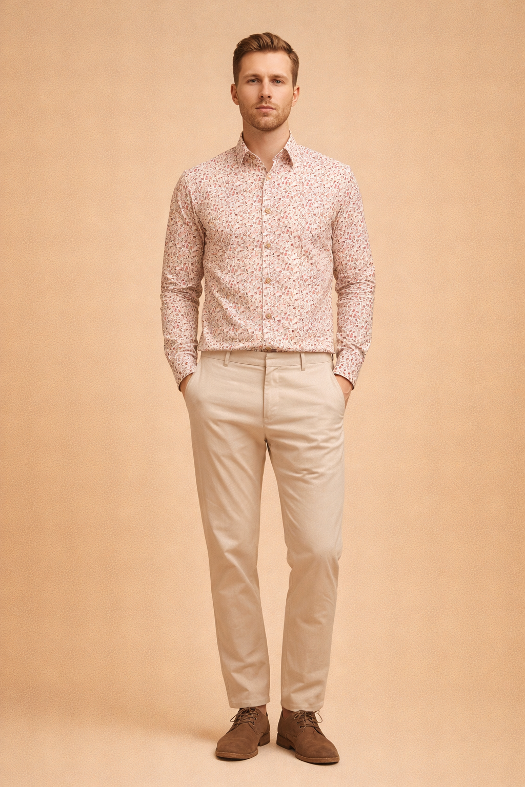 Laid flat, a men's modern floral print button-up shirt, ideal for a smart casual look.