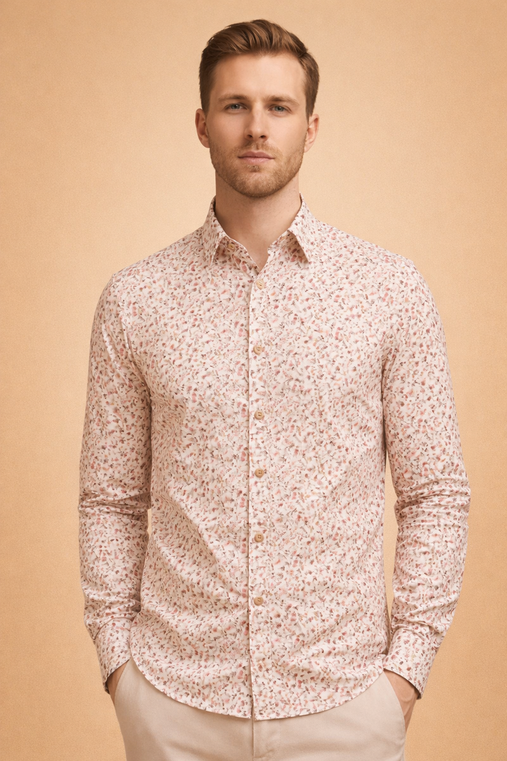 Detail shot of the collar and buttons on a men's fashionable long sleeve floral button-up shirt.