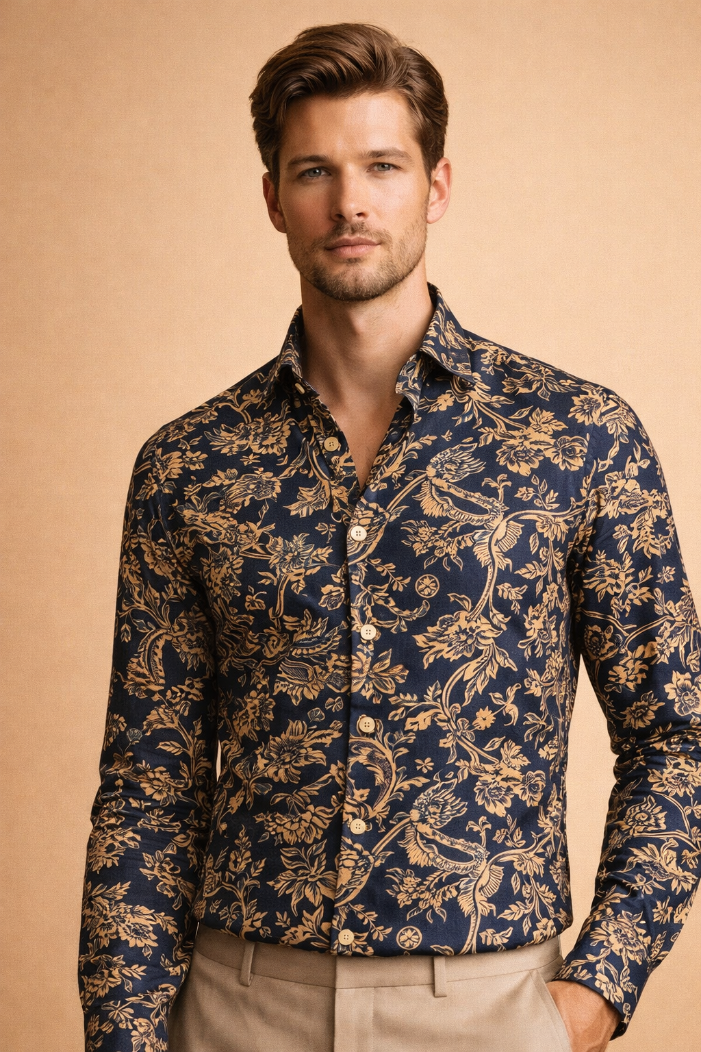 Modern floral button-up shirt for men, a trendy long sleeve top for various casual occasions.