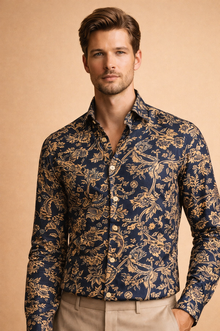 Modern floral button-up shirt for men, a trendy long sleeve top for various casual occasions.