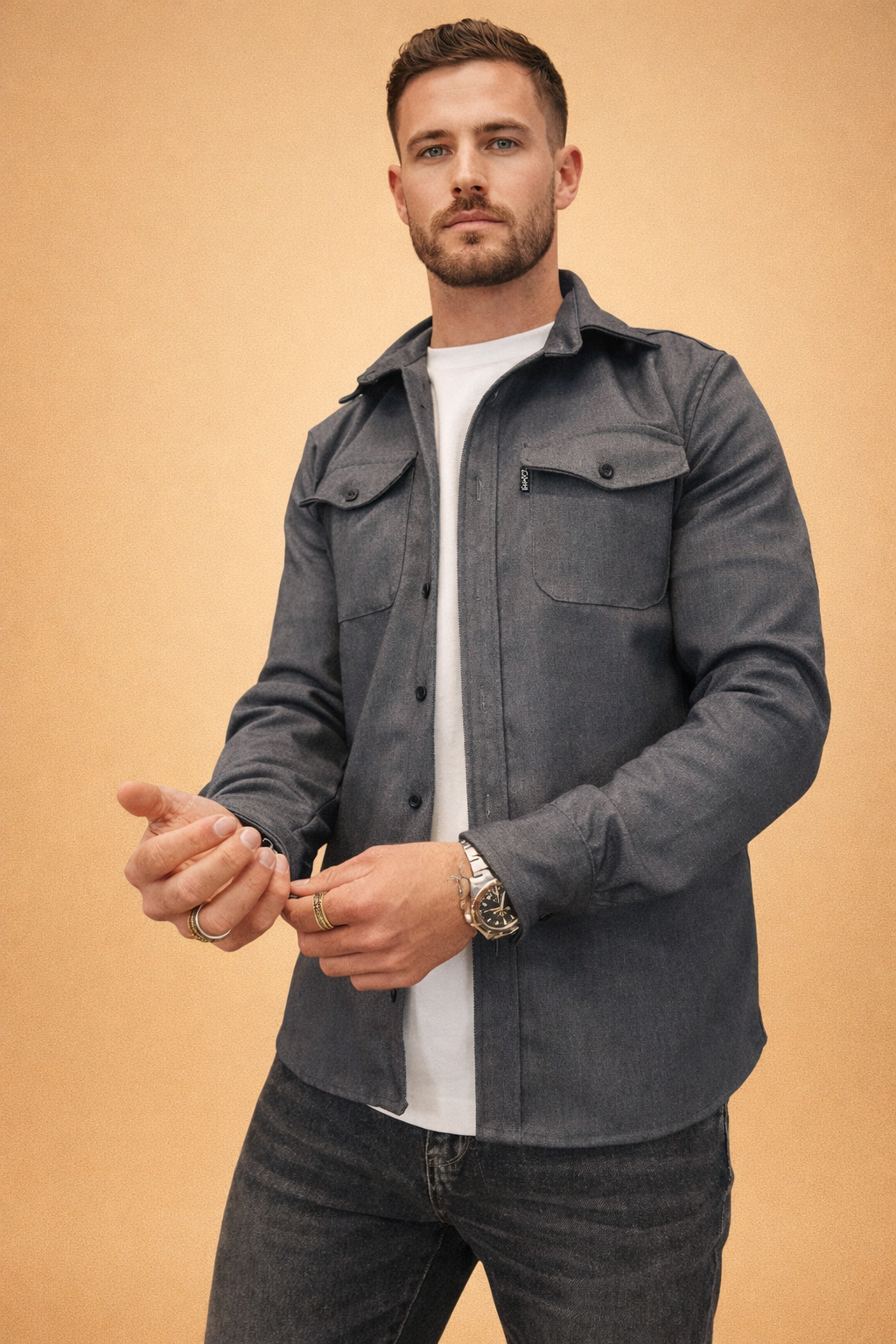 Comfortable men's modern long-sleeve polo shirt. Refined utilitarian design for everyday wear and smart casual comfort.