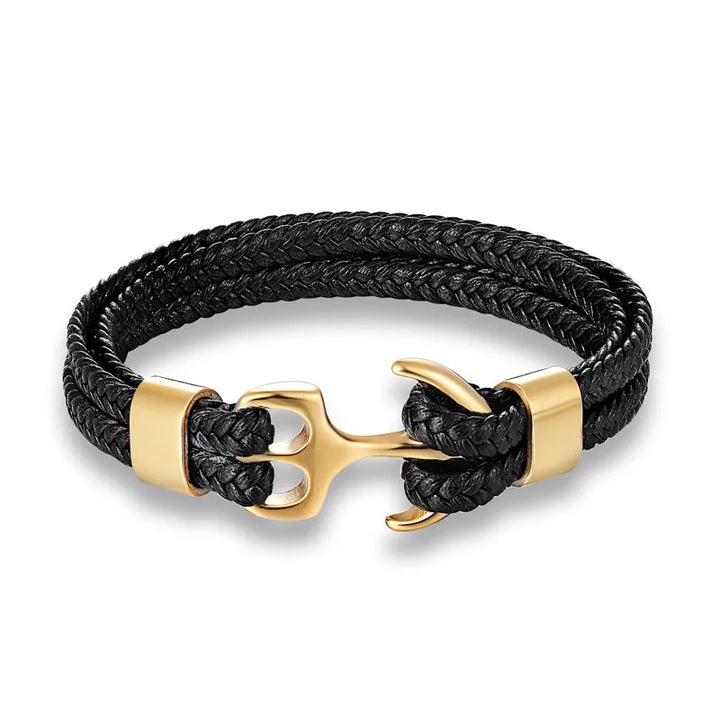 Men's nautical anchor leather bracelet with stainless steel clasp. Rugged style, comfortable.