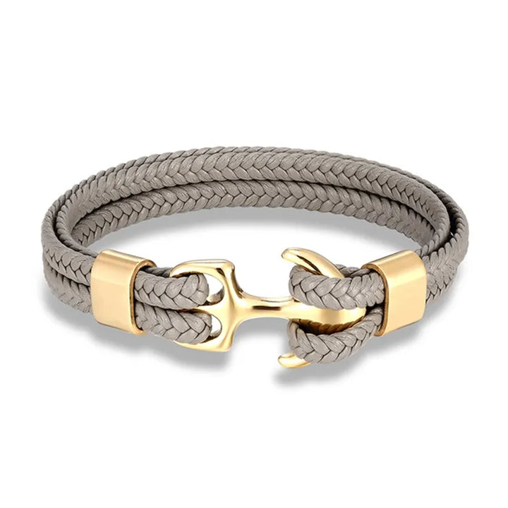 Men's fashion accessory: sophisticated leather anchor bracelet with a modern nautical vibe.