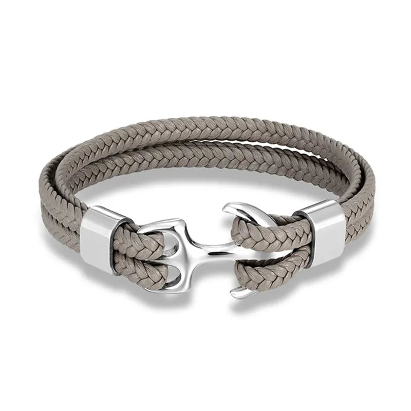 Rugged men's leather anchor bracelet, perfect for outdoor adventures & adding a maritime touch.