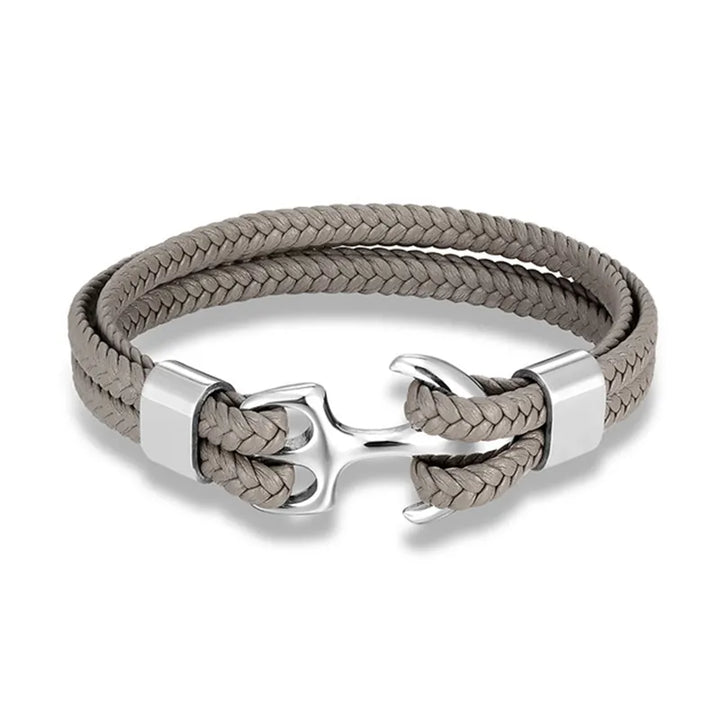 Rugged men's leather anchor bracelet, perfect for outdoor adventures & adding a maritime touch.