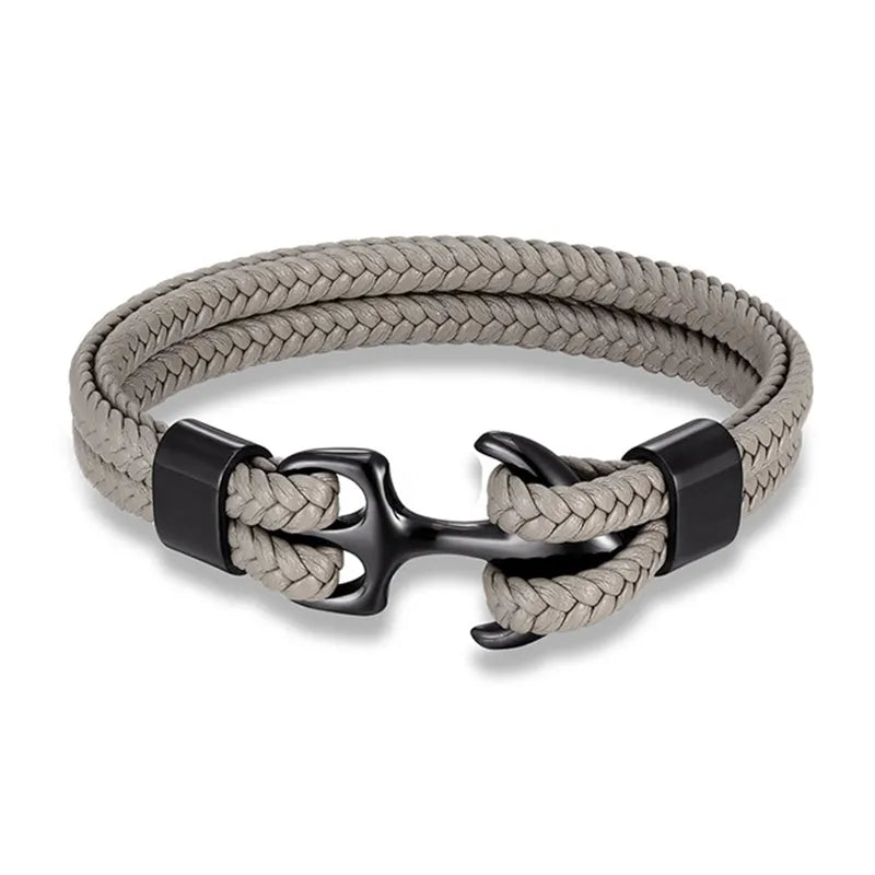Elegant yet tough men's nautical anchor bracelet, combining quality leather and stainless steel.