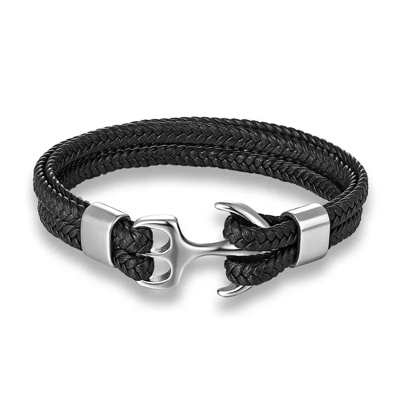 Stylish men's black leather anchor bracelet, perfect for modern nautical fashion. Durable jewelry.