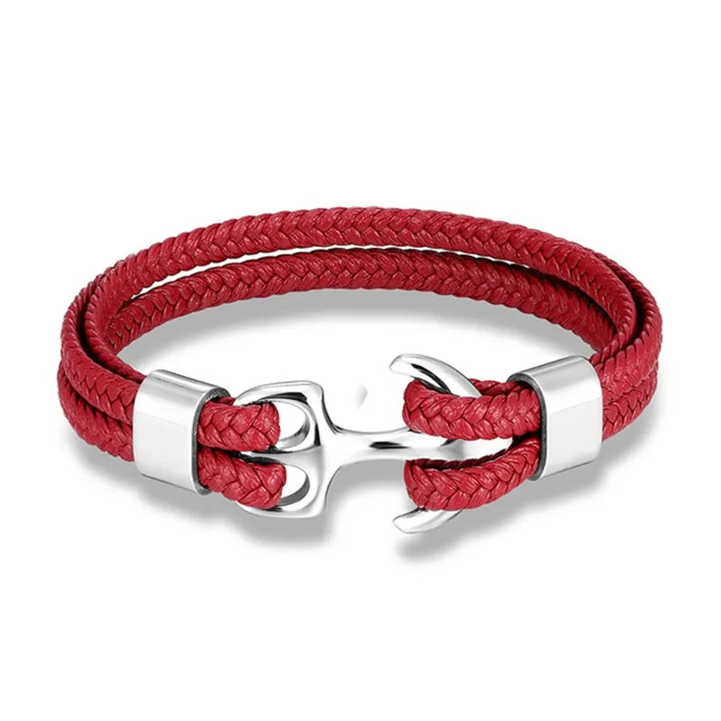 Sleek black leather men's bracelet with a silver nautical anchor, perfect for stylish men's fashion.