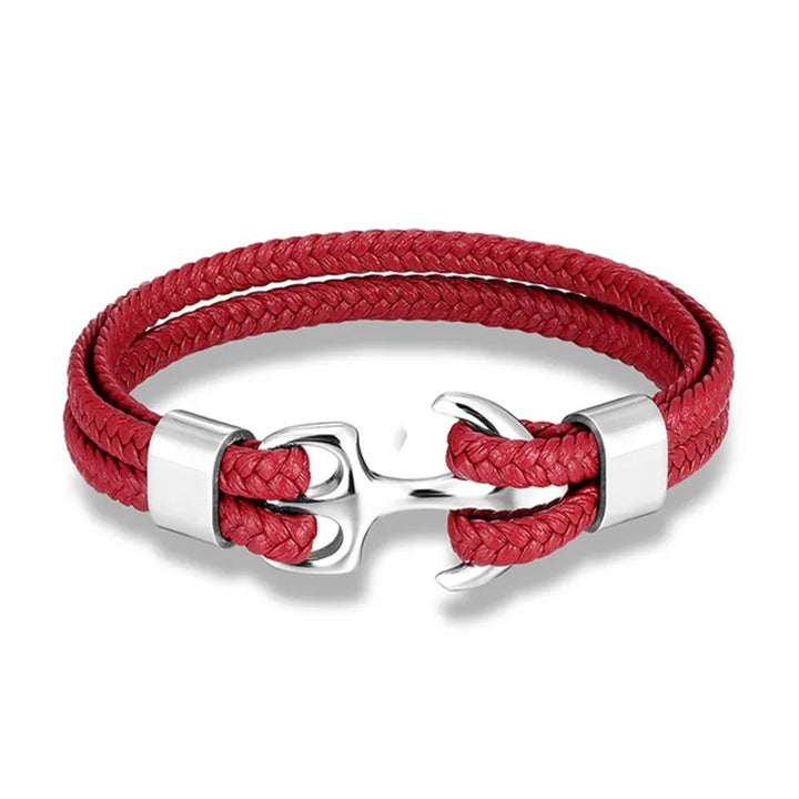 Sleek black leather men's bracelet with a silver nautical anchor, perfect for stylish men's fashion.