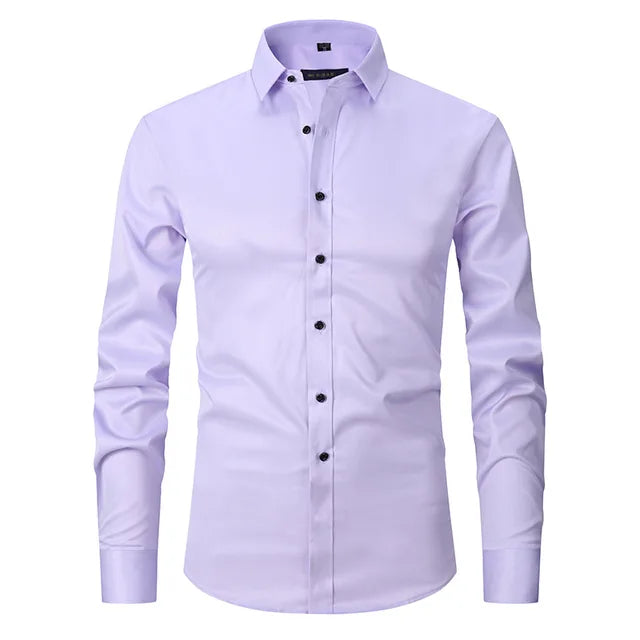Professional men's wrinkle-free dress shirt. Slim fit, long sleeve stretch for comfort & sharp business style.