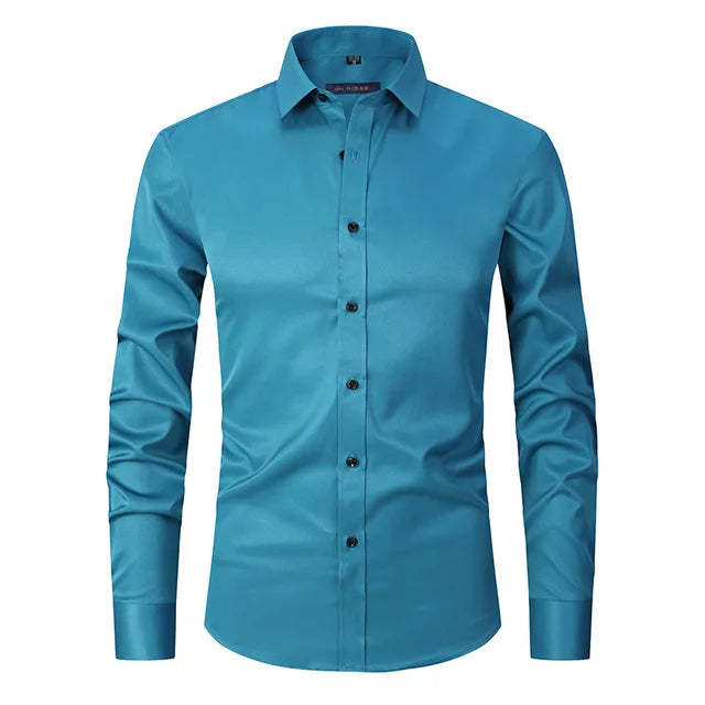 Modern slim fit men's stretch shirt. Wrinkle-free long sleeve for effortless style & comfort in business casual.