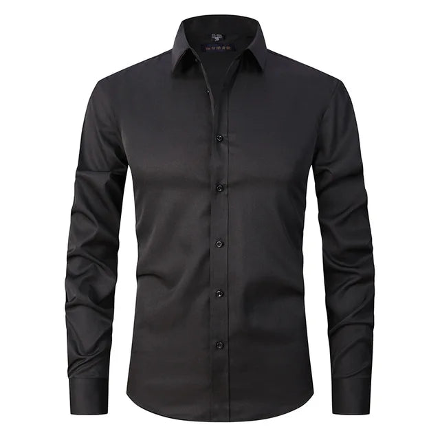 Men's long sleeve stretch shirt, wrinkle-free, perfect for active everyday wear & sharp business casual style.