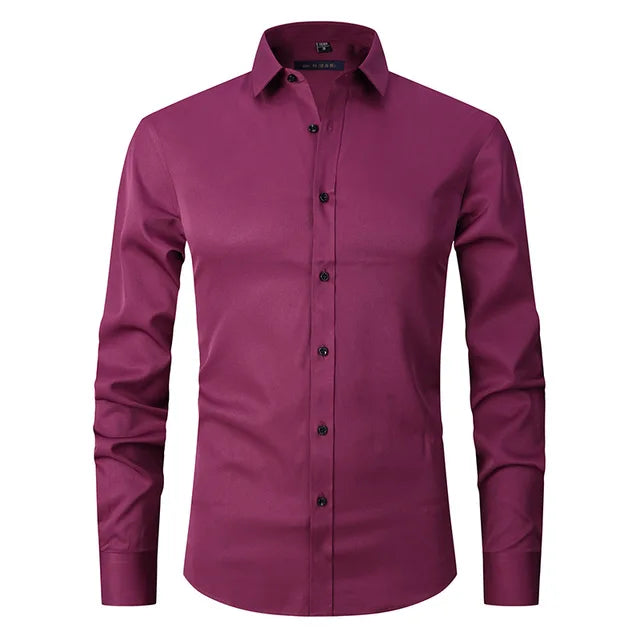 Close-up of men's stretch shirt fabric, showing wrinkle-free texture. Long sleeve, slim fit, comfort, easy care.