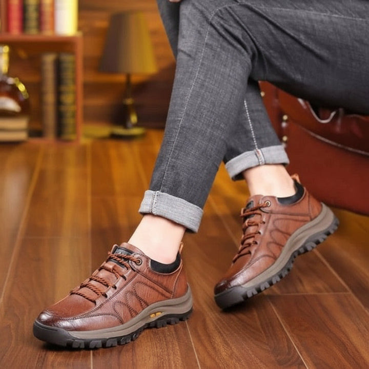 Stylish men's waterproof walking shoes, orthopedic, with arch support for foot health & active comfort.