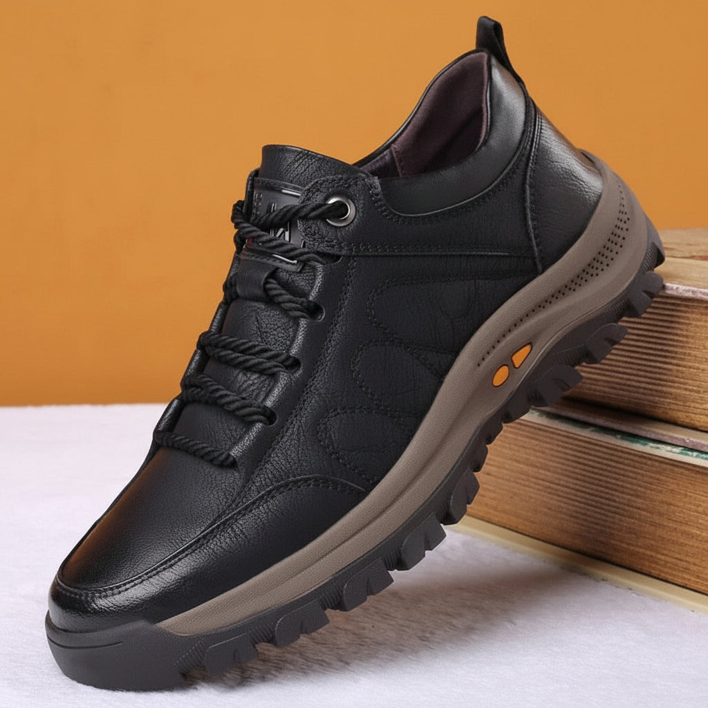 Men's comfortable waterproof walking shoes with advanced arch support for foot health & outdoor activity.