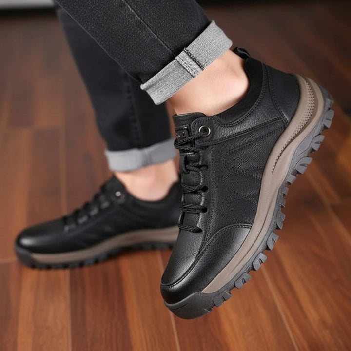 Durable men's orthopedic walking shoes, waterproof, with strong arch support for daily comfort & outdoor grip.