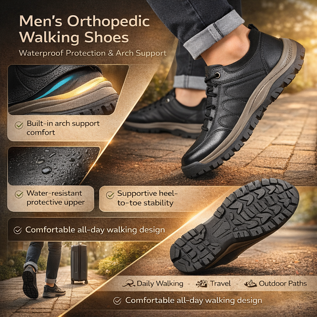 High-performance men's waterproof walking shoes, orthopedic, offering arch support & all-day comfort.