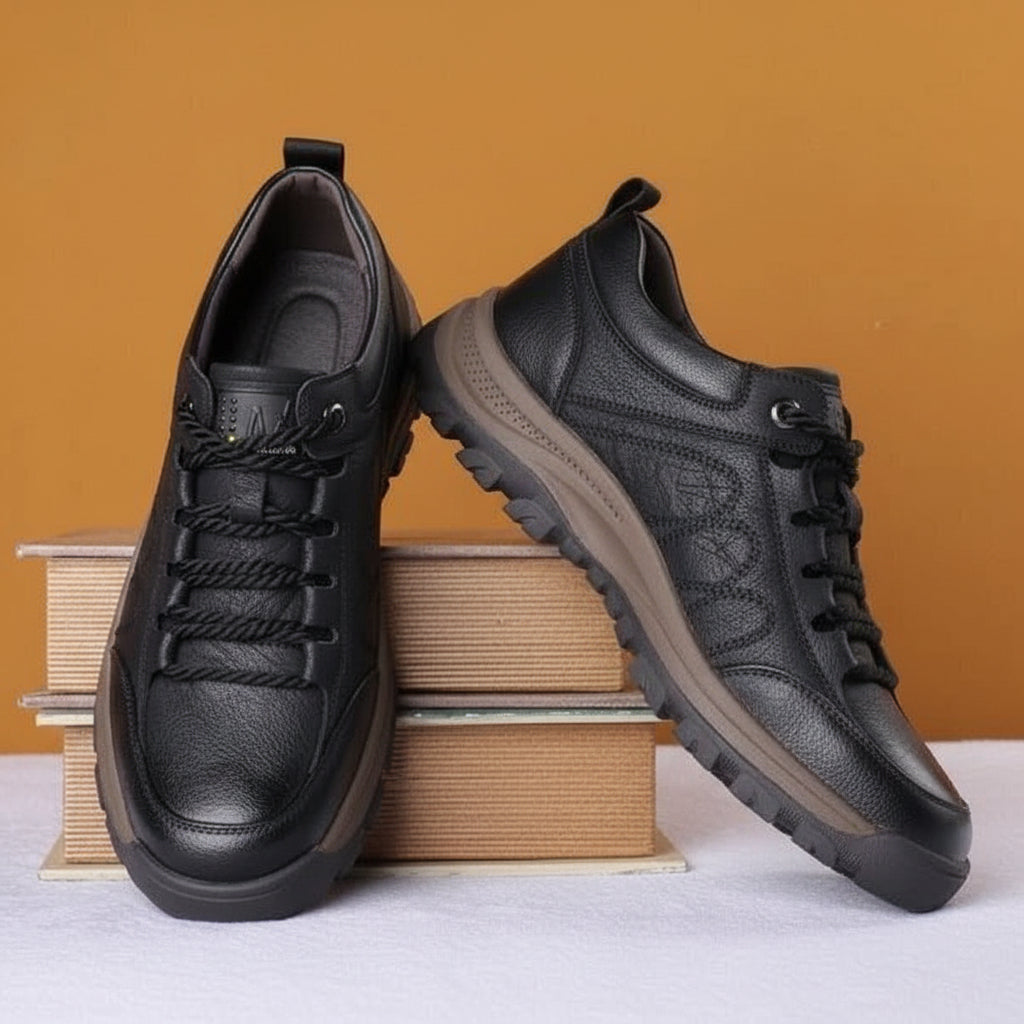Rugged men's waterproof walking shoes for outdoor adventures, with orthopedic arch support & superior grip.