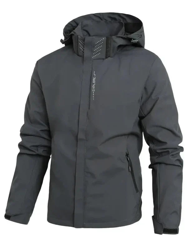 Men's outdoor hooded rain jacket, waterproof & windproof, with secure zip pockets. Ideal for hiking.