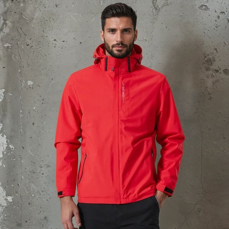 Side view of men's outdoor hooded rain jacket. Lightweight, waterproof, windproof fit with secure pockets.