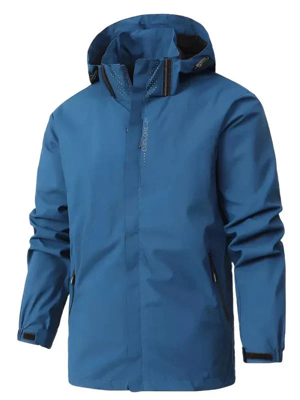 Stylish men's zip-up hooded rain jacket. Waterproof, windproof, lightweight outerwear with secure pockets.